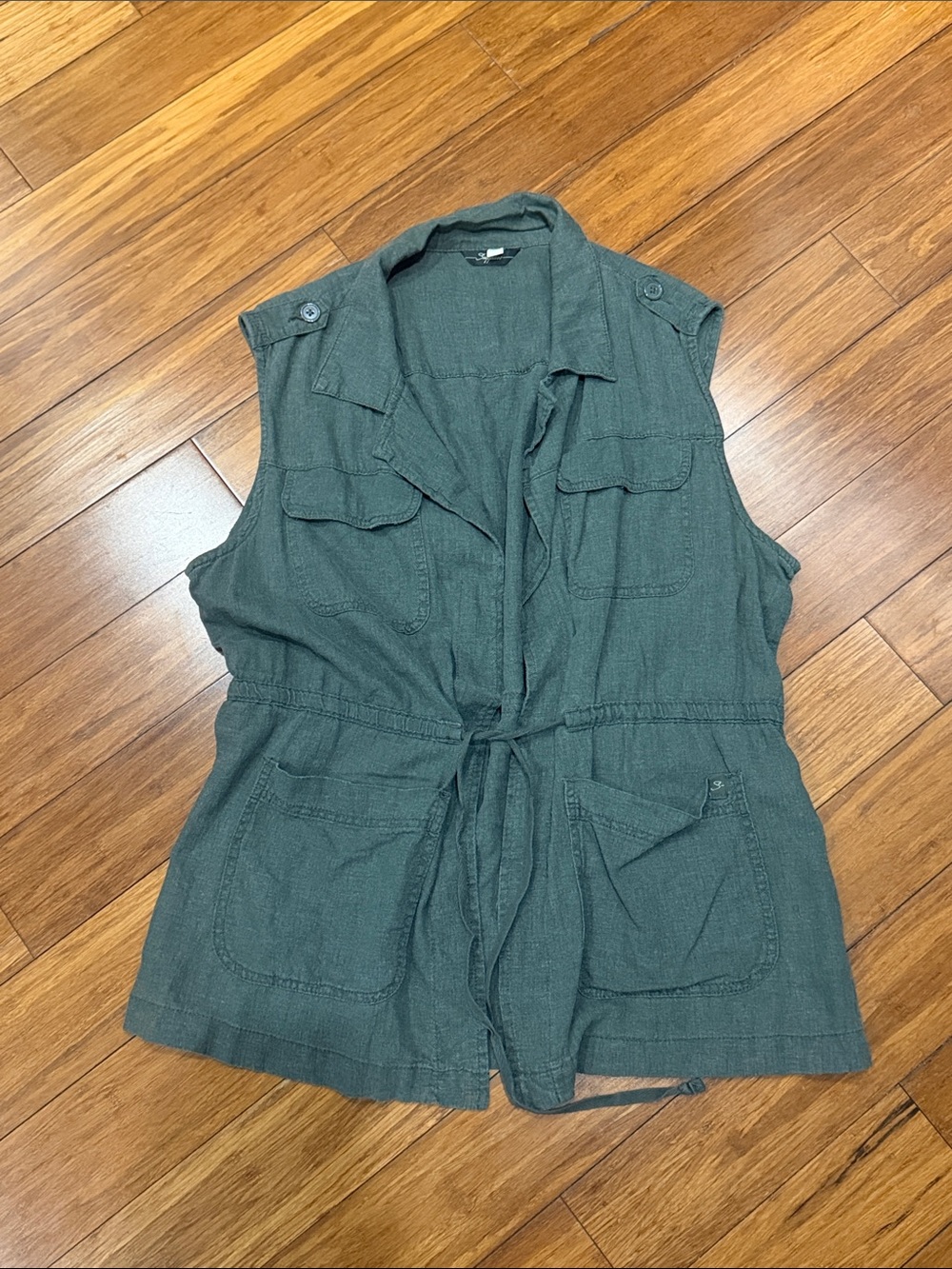 Drawstring Waist Sleeveless Utility Vest in Dark Green L